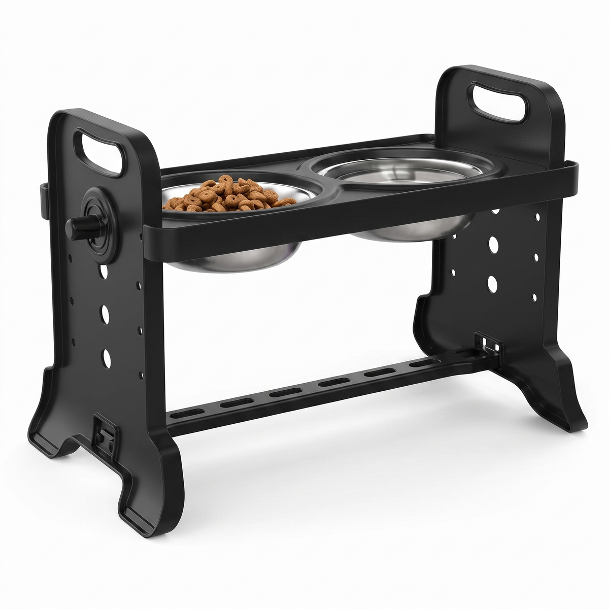 Black height adjustable raised dog bowl stand with two stainless steel bowls, product photo
