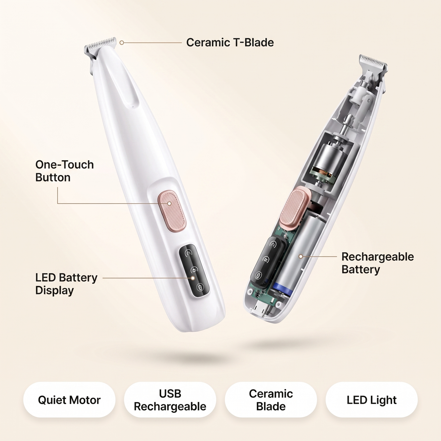 Quiet Dog Clippers, Rechargeable Ceramic Blade Paw Trimmer with LED
