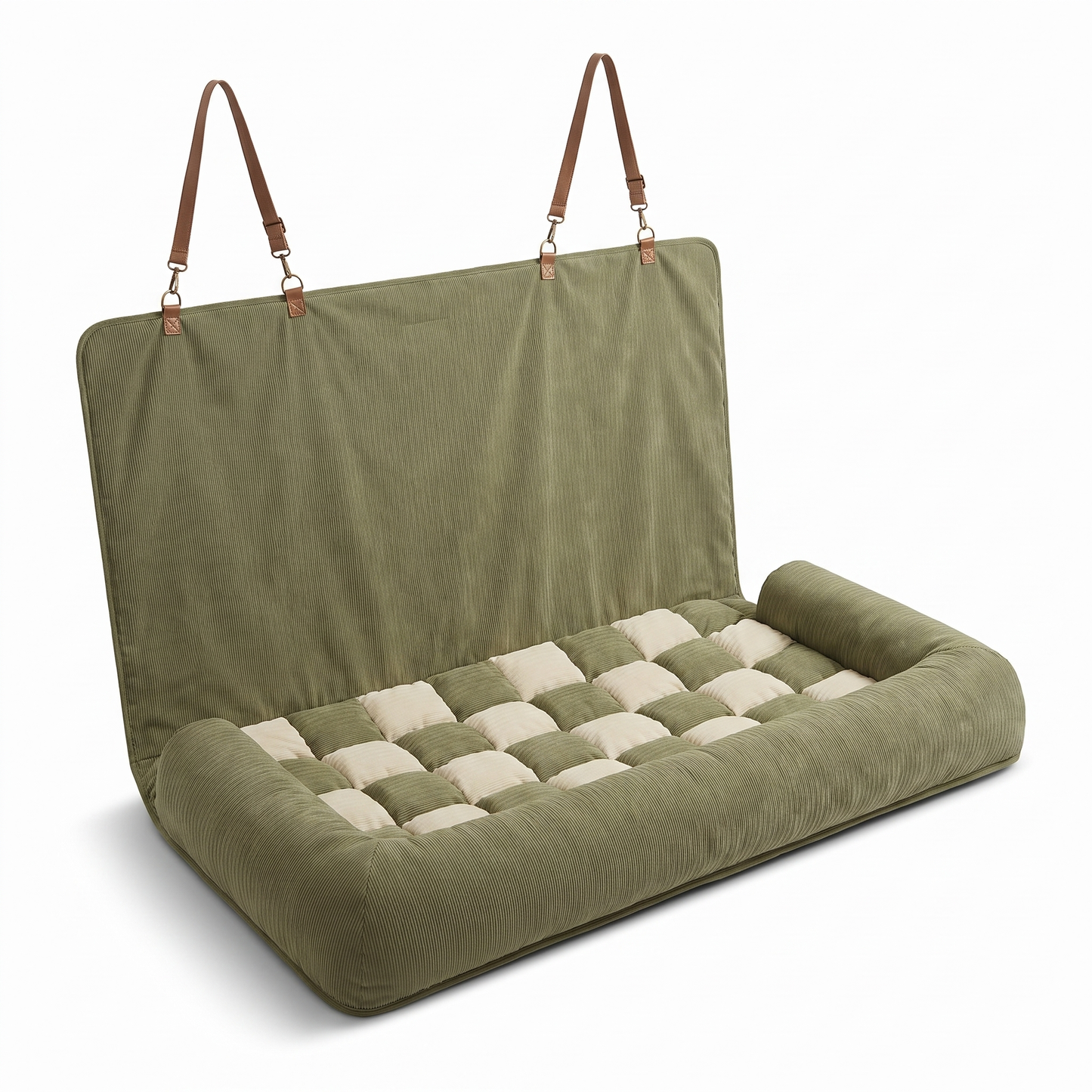 Olive green corduroy back seat dog car bed with checkerboard mattress on a white background