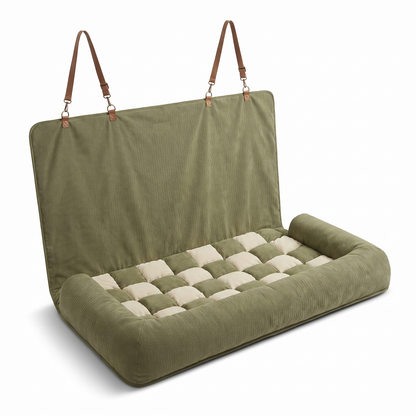 Olive green corduroy back seat dog car bed with checkerboard mattress on a white background