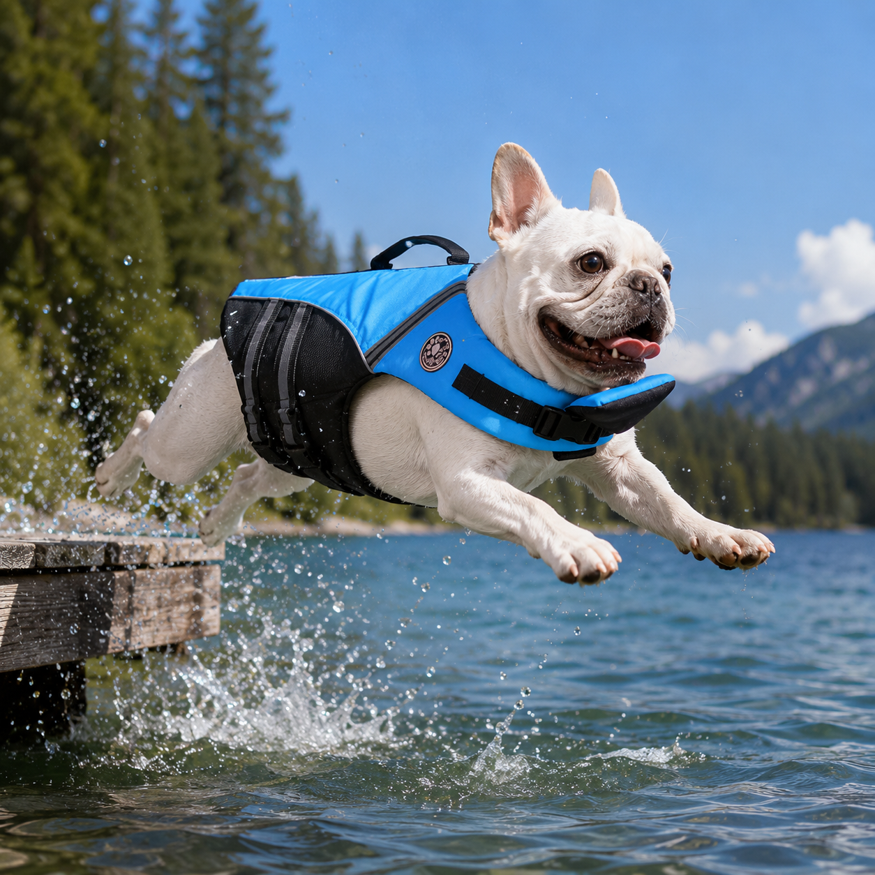 Dog leaping into water wearing the dog life jacket with rescue handle