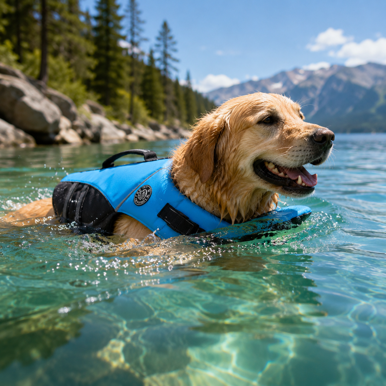 Dog swimming in a lake wearing the buoyant dog life jacket