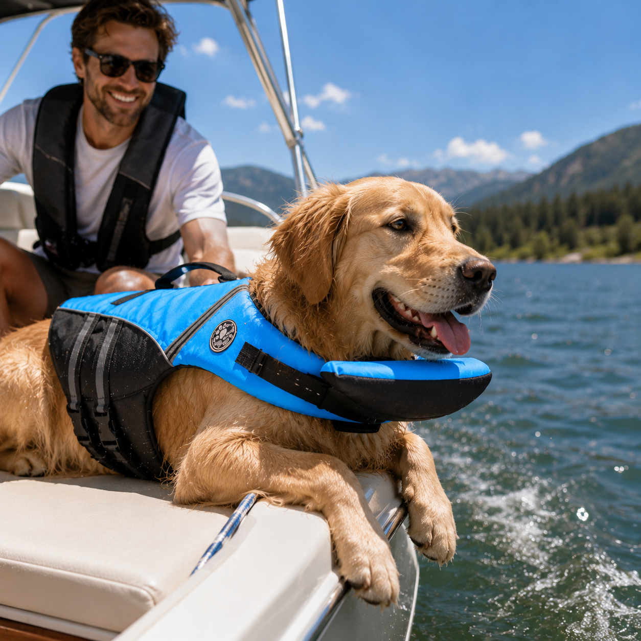 Dog resting on a boat wearing the dog life jacket