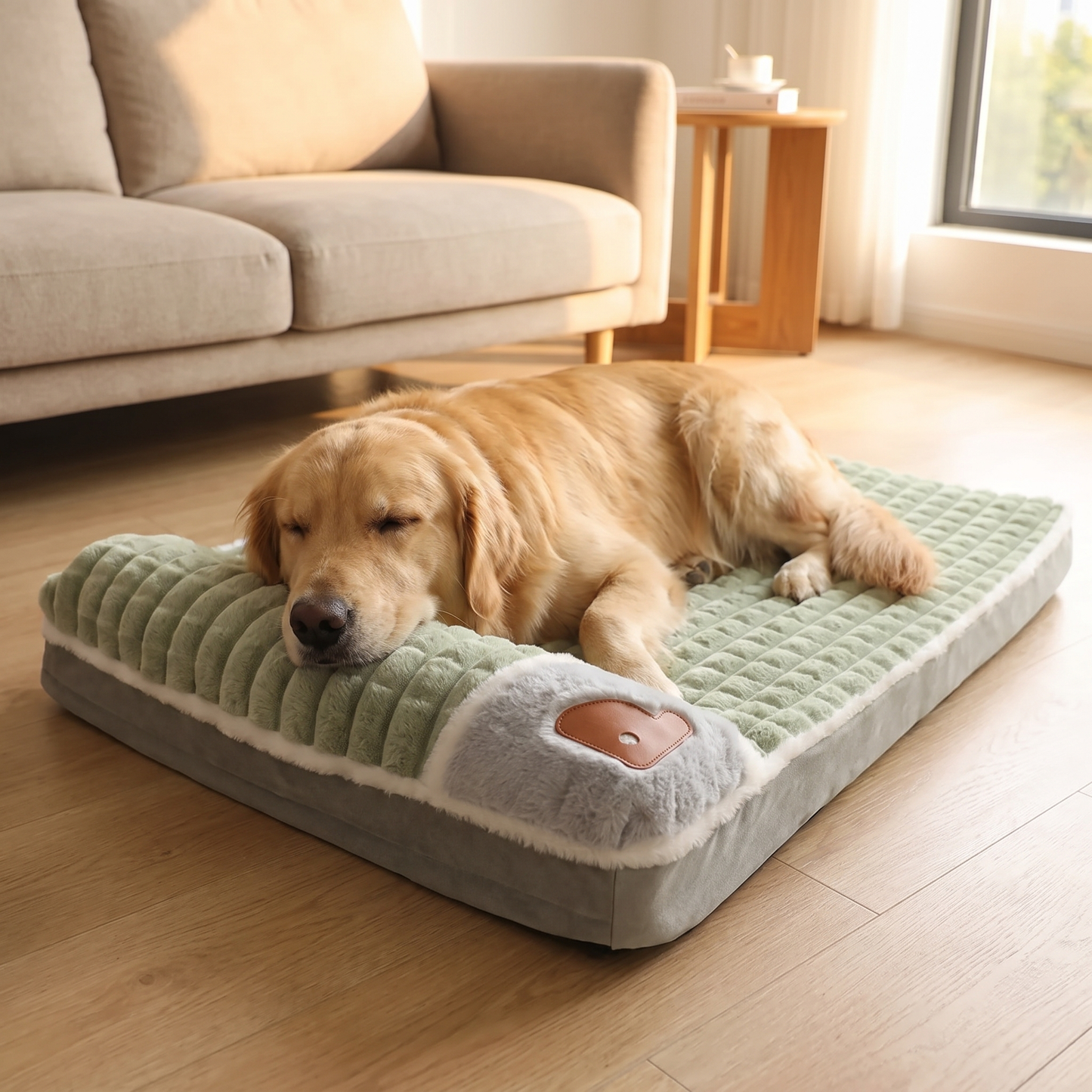 Golden retriever sleeping on the memory foam dog bed in a living room