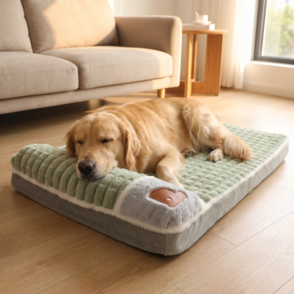 Golden retriever sleeping on the memory foam dog bed in a living room