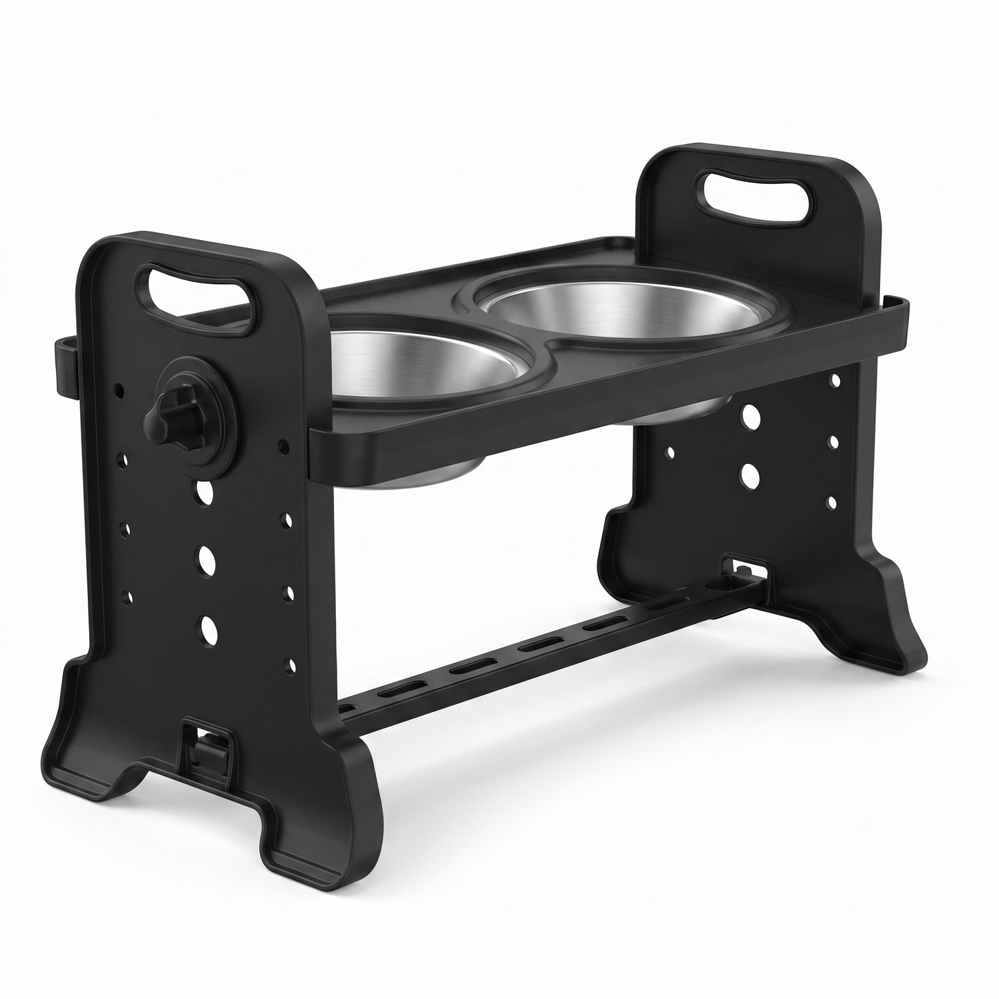 Black height adjustable raised dog bowl stand with two stainless steel bowls on white background