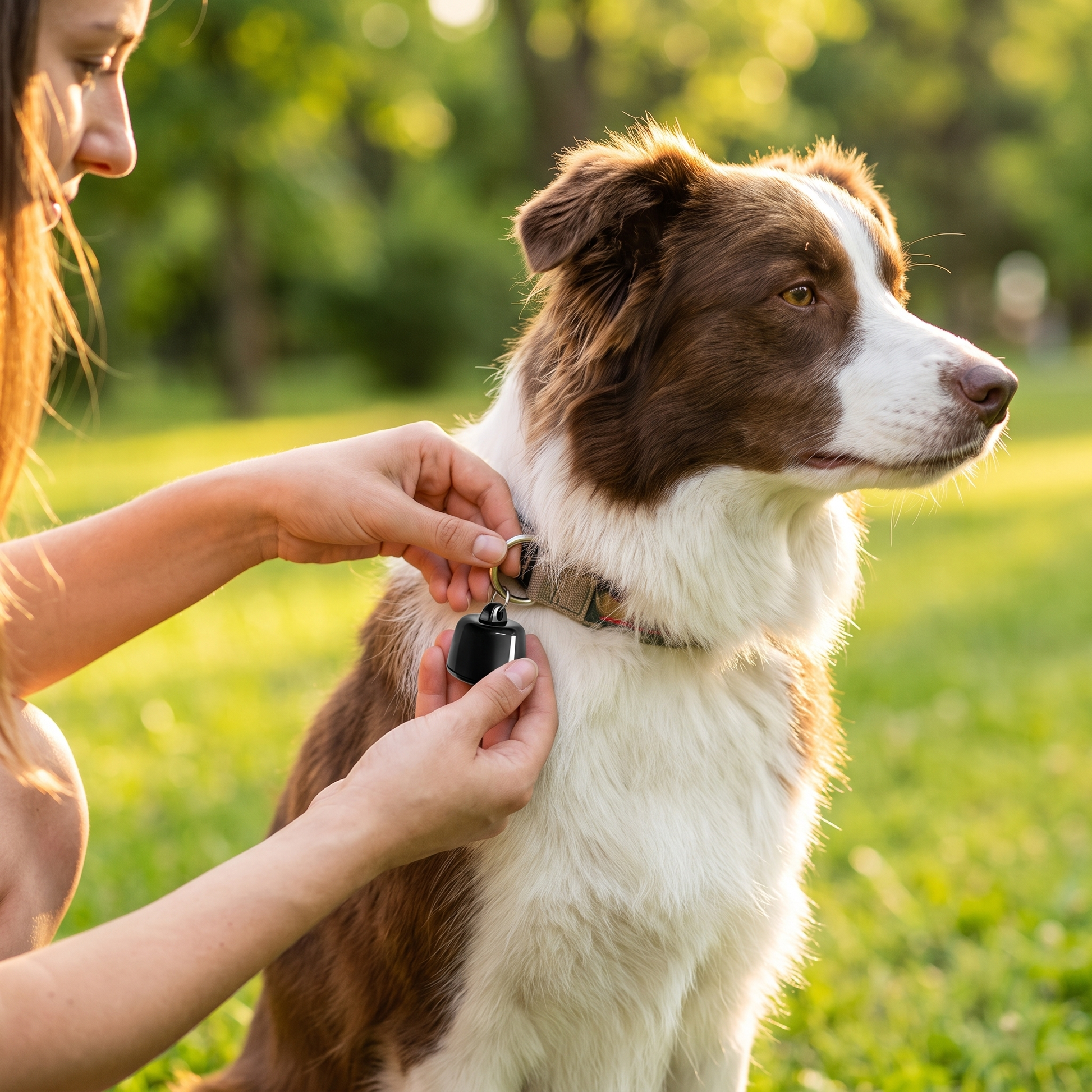 Owner attaching the mini pet tracker to a dog collar in the park