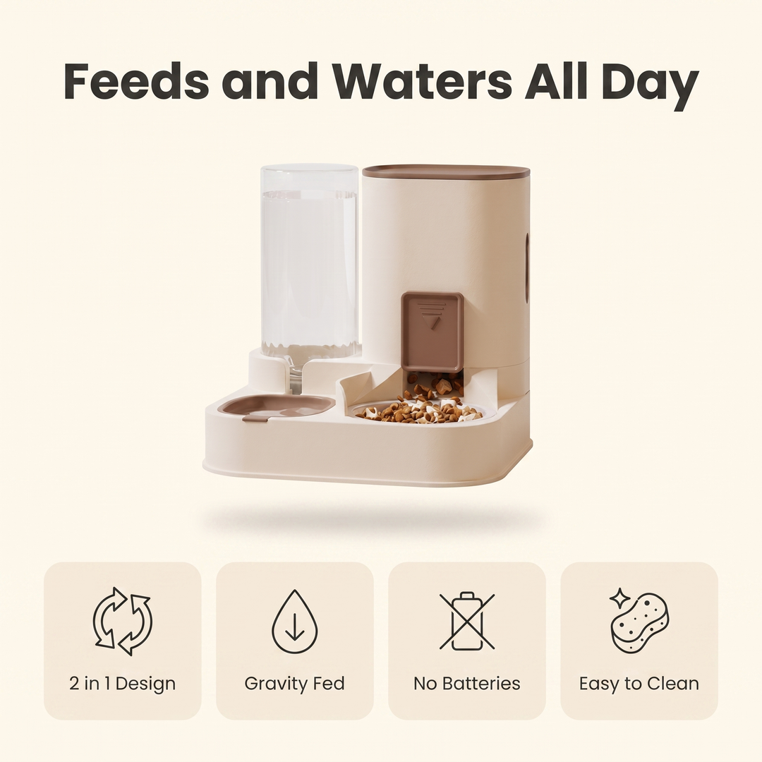 Feature infographic: 2 in 1 design, gravity fed, no batteries, easy to clean