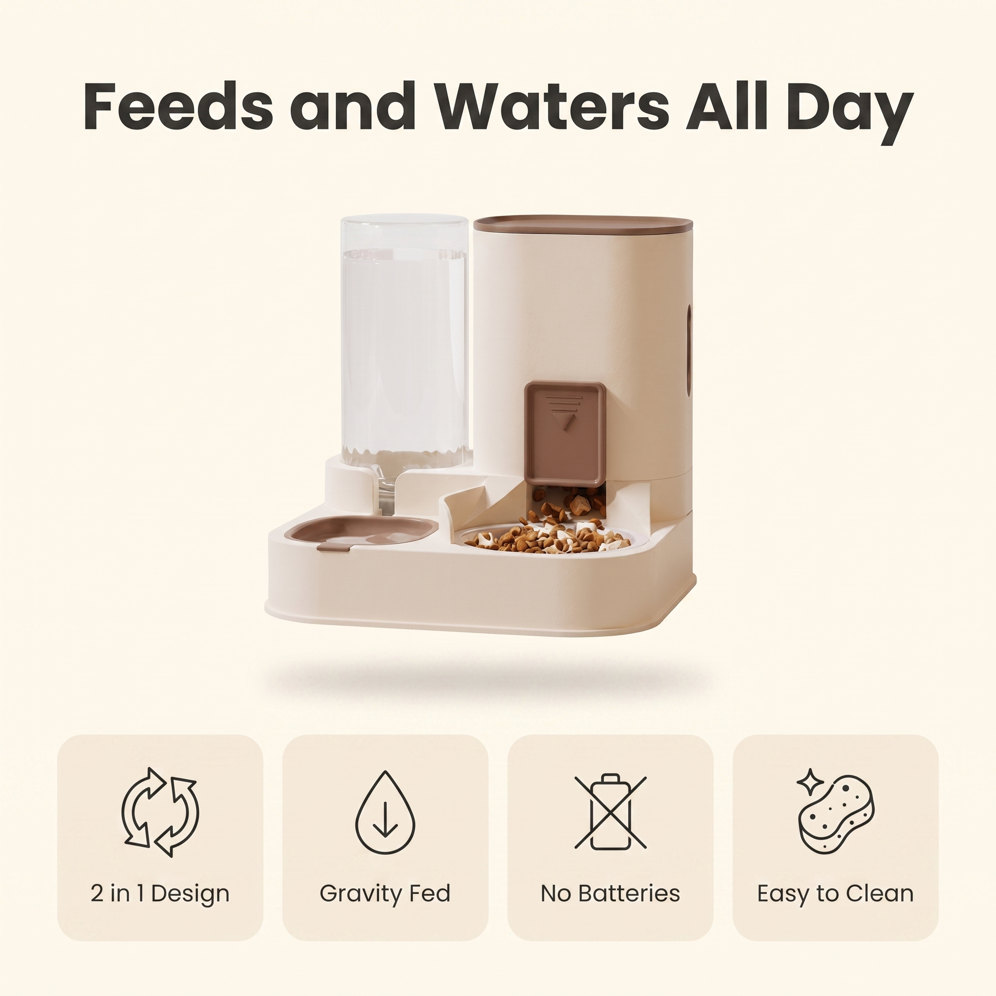 Feature infographic: 2 in 1 design, gravity fed, no batteries, easy to clean