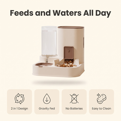 Feature infographic: 2 in 1 design, gravity fed, no batteries, easy to clean