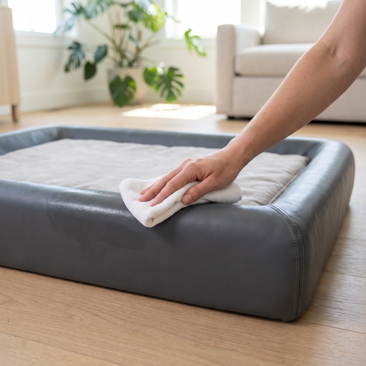 Wiping the vegan leather rim of the orthopedic dog bed clean with a cloth