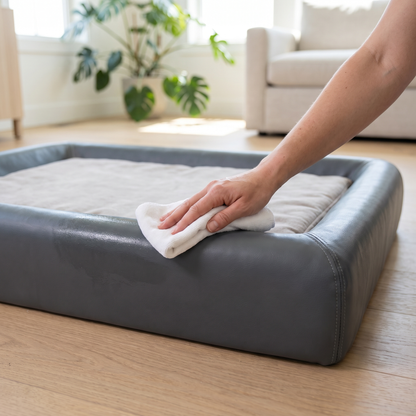 Wiping the vegan leather rim of the orthopedic dog bed clean with a cloth