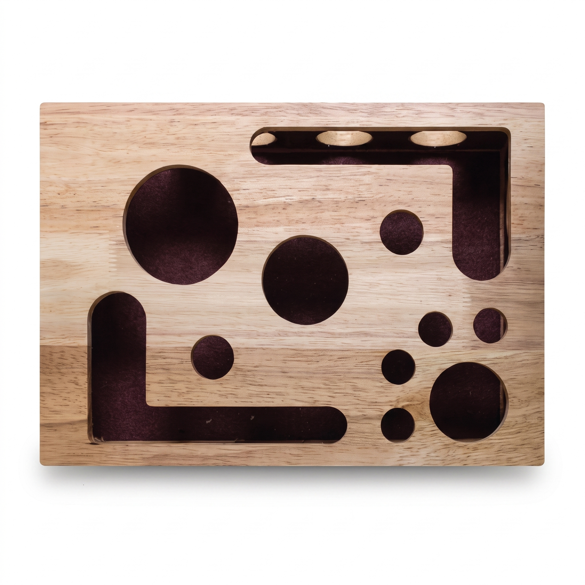 Wooden cat nail file enrichment box with felt lined holes and channels on a white background