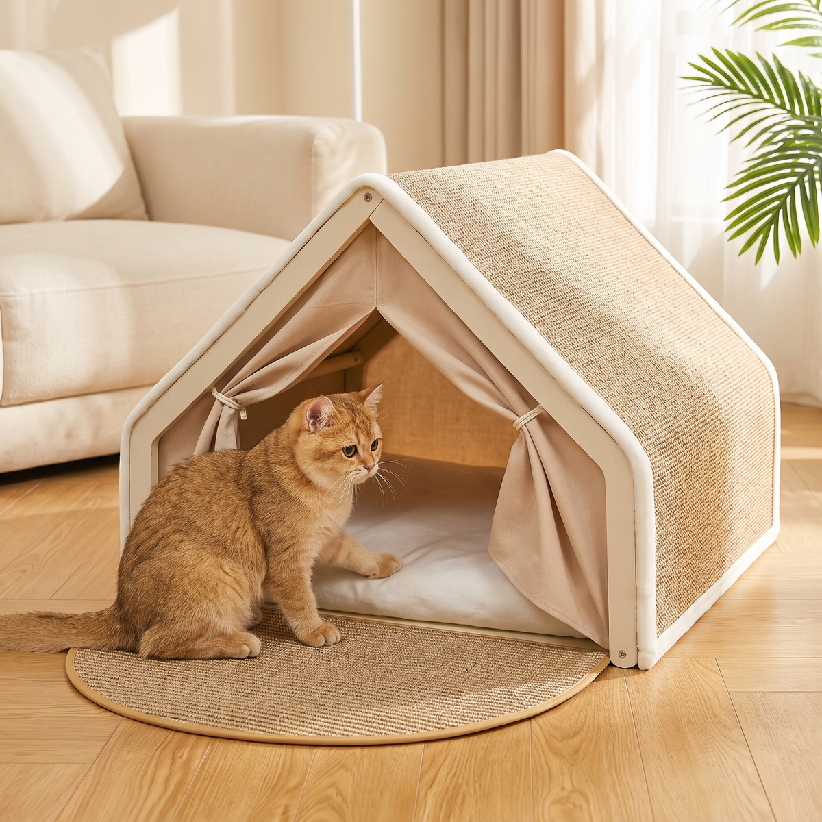 Ginger cat sitting on the scratch mat entrance of a cat tent bed in a bright living room