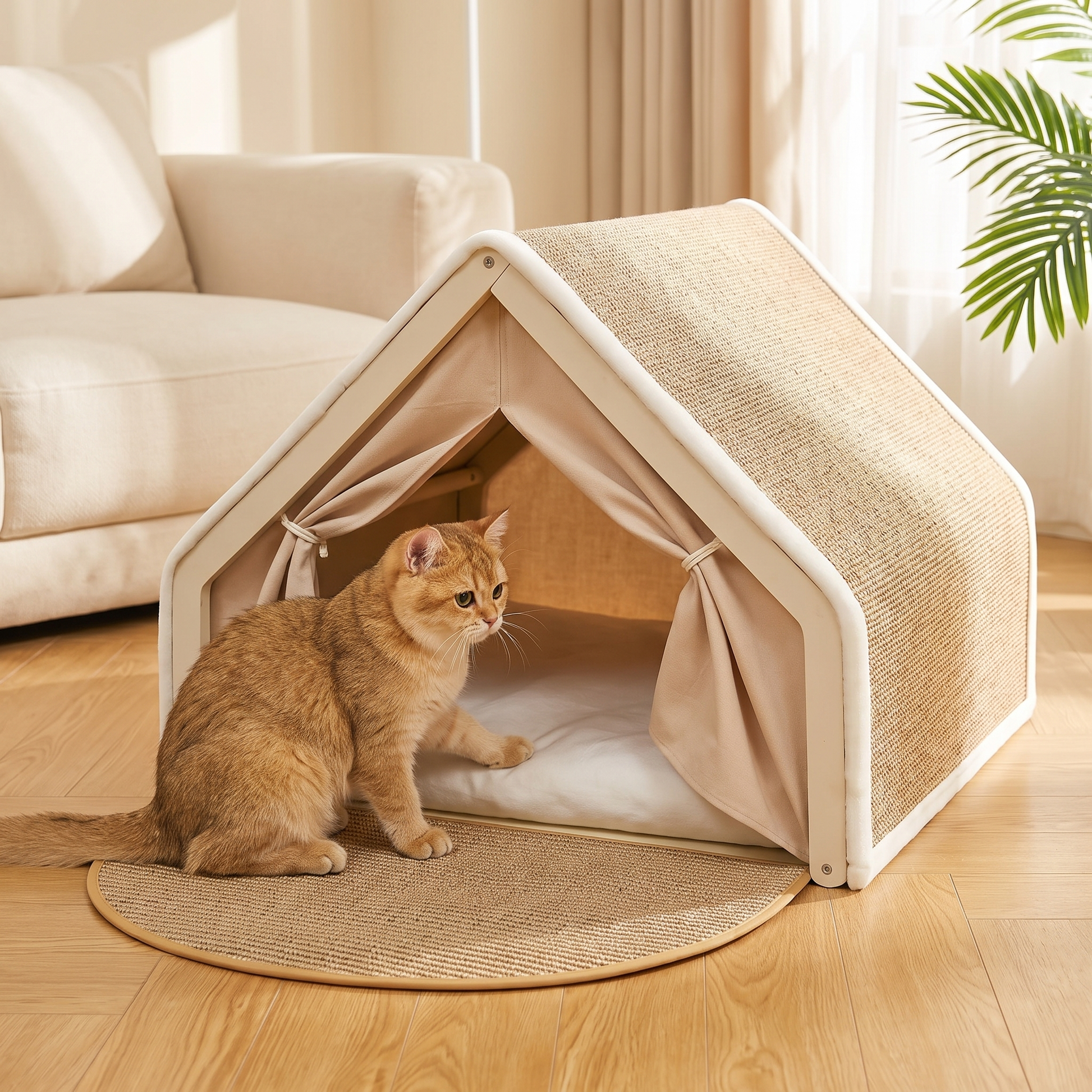Ginger cat sitting on the scratch mat entrance of a cat tent bed in a bright living room