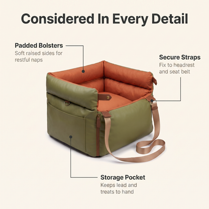 Annotated dog car seat diagram showing padded bolsters, secure straps and storage pocket