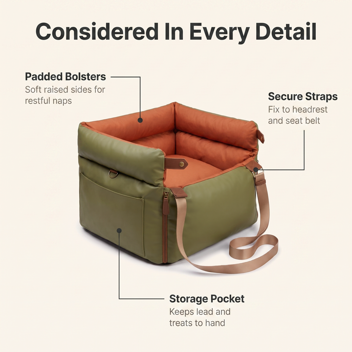 Annotated dog car seat diagram showing padded bolsters, secure straps and storage pocket