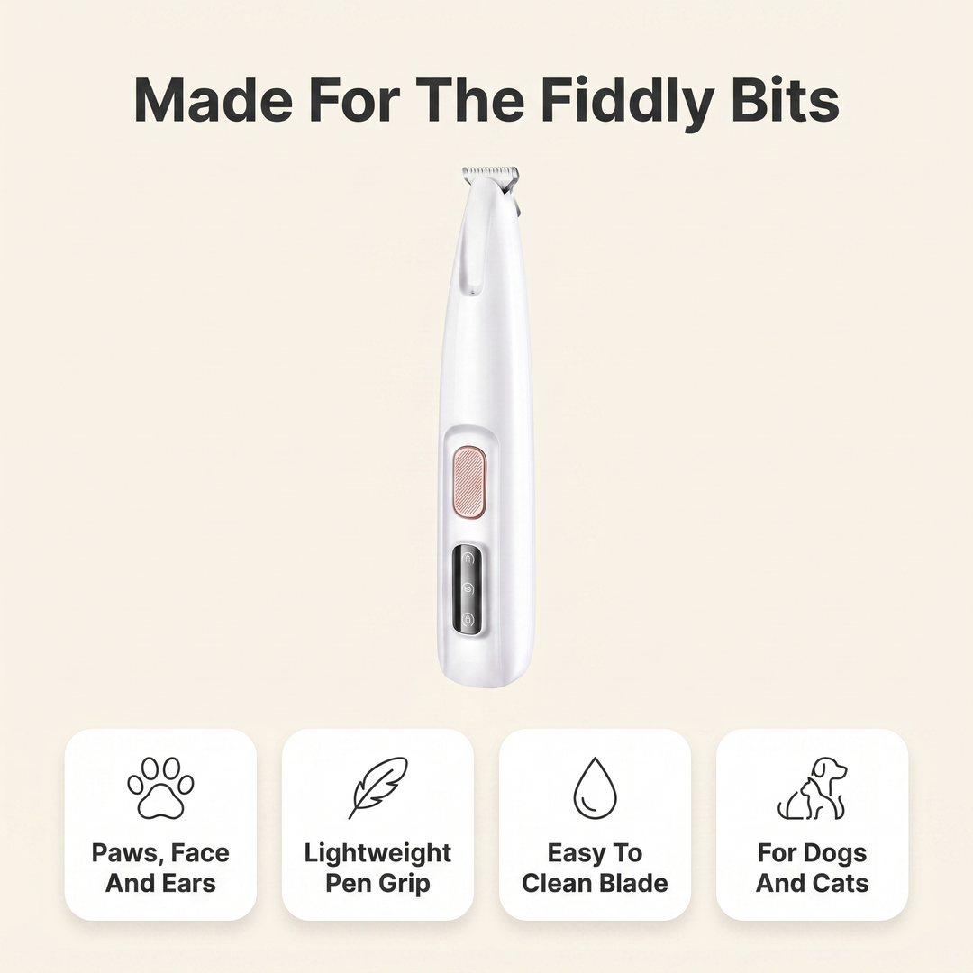 Infographic of the pet trimmer showing it suits paws, face and ears, with a lightweight pen grip, easy to clean blade, for dogs and cats