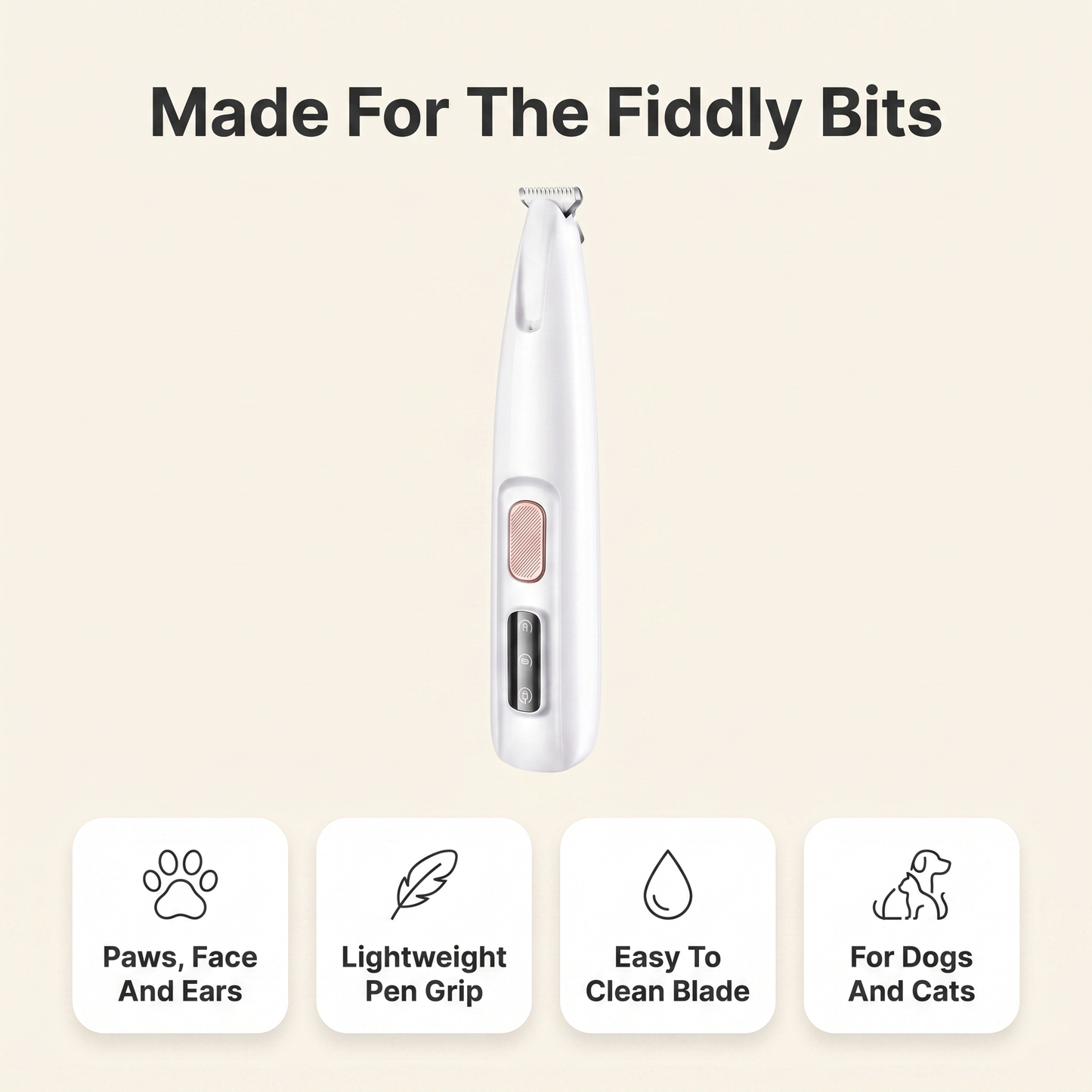 Infographic of the pet trimmer showing it suits paws, face and ears, with a lightweight pen grip, easy to clean blade, for dogs and cats