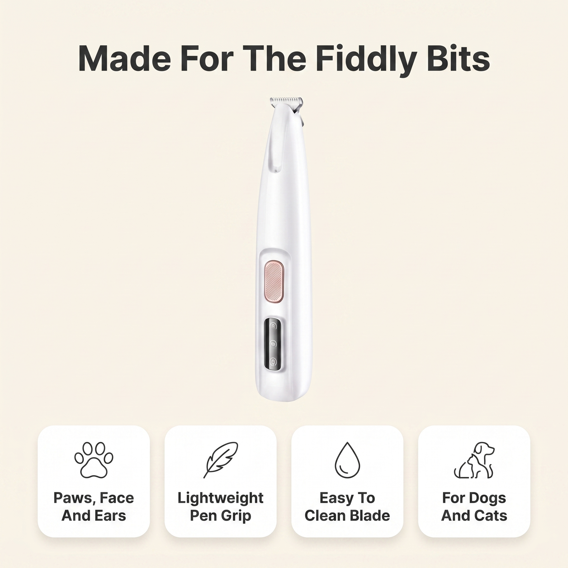 Infographic of the pet trimmer showing it suits paws, face and ears, with a lightweight pen grip, easy to clean blade, for dogs and cats