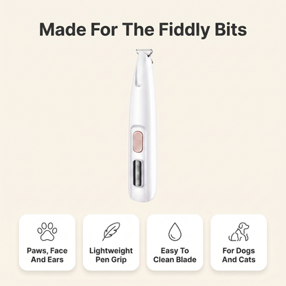 Infographic of the pet trimmer showing it suits paws, face and ears, with a lightweight pen grip, easy to clean blade, for dogs and cats
