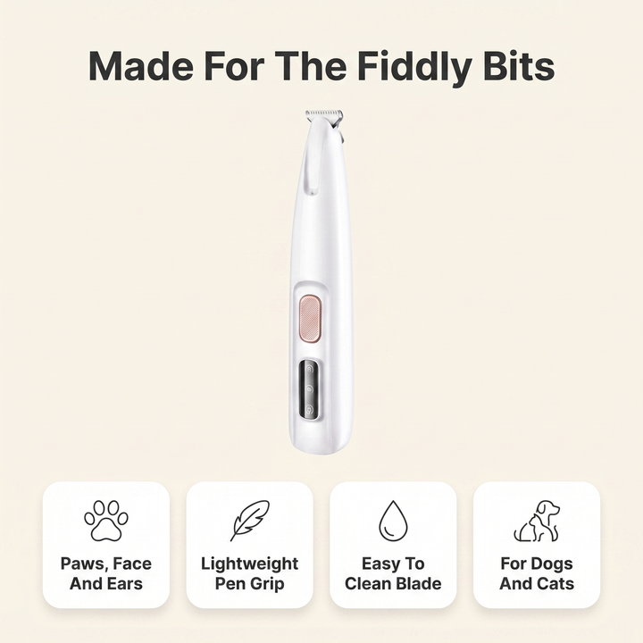 Infographic of the pet trimmer showing it suits paws, face and ears, with a lightweight pen grip, easy to clean blade, for dogs and cats