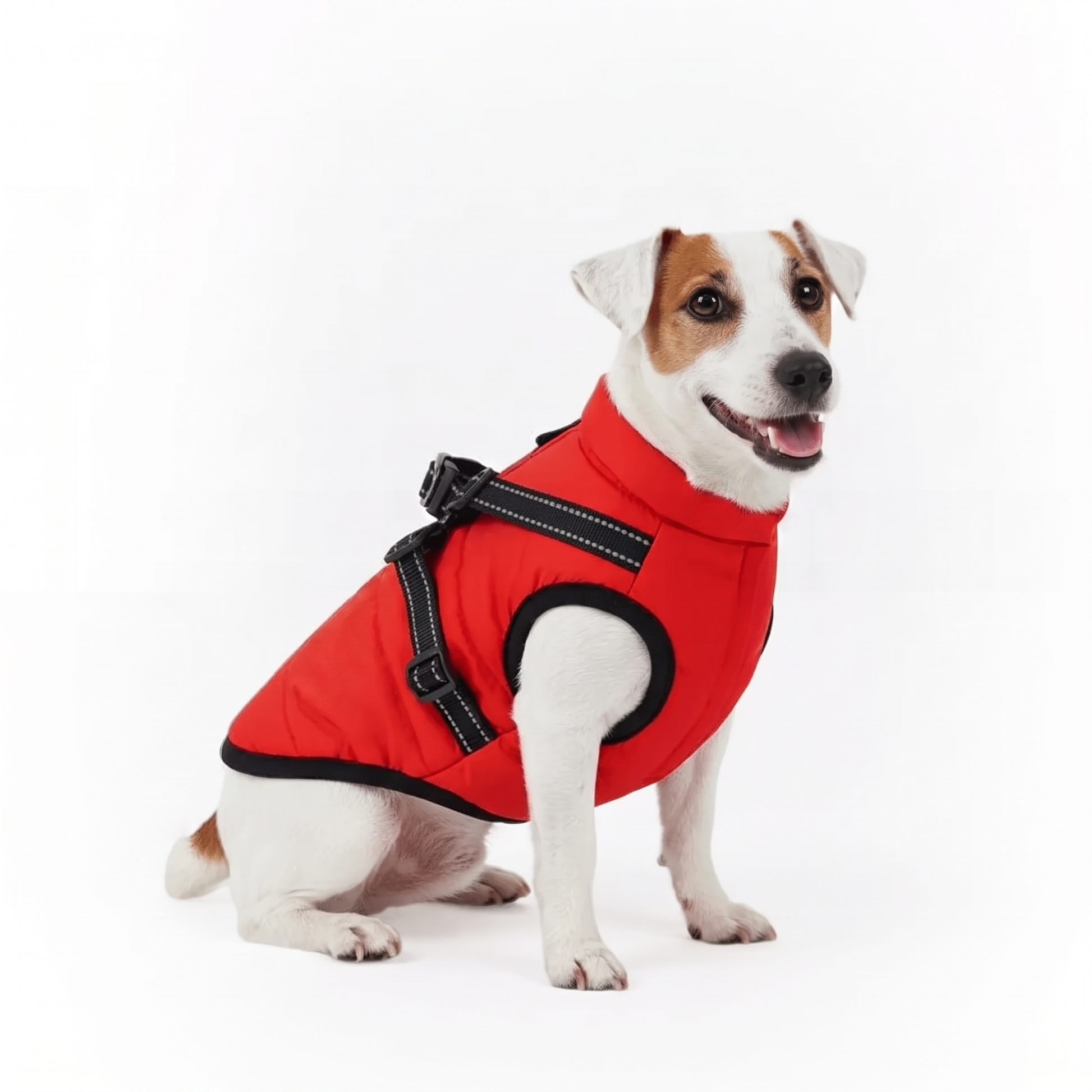Happy Jack Russell wearing a red padded dog coat with built in harness on a white studio background
