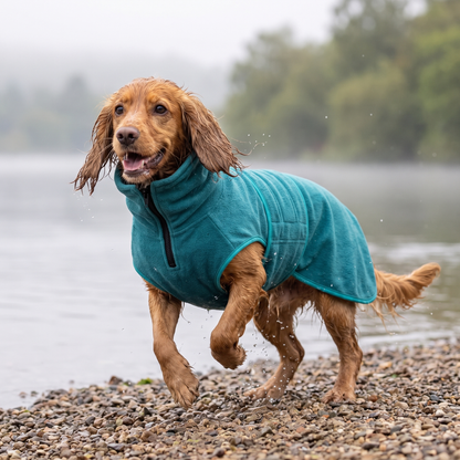 Wet spaniel by a lake wearing a teal dog drying coat after a swim