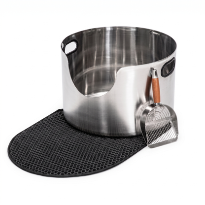 Round stainless steel cat litter box 48 litres with honeycomb litter mat and scoop