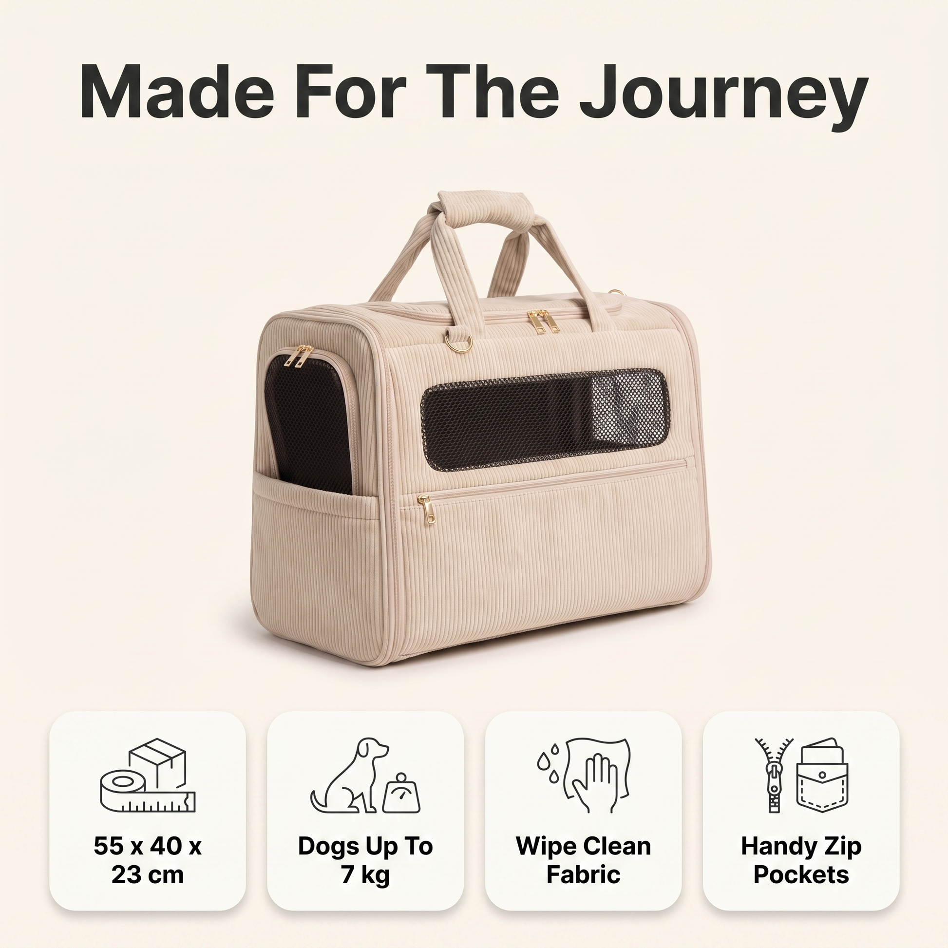 Dog carrier details: 55x40x23 cm size, for dogs up to 7 kg, wipe clean fabric, zip pockets