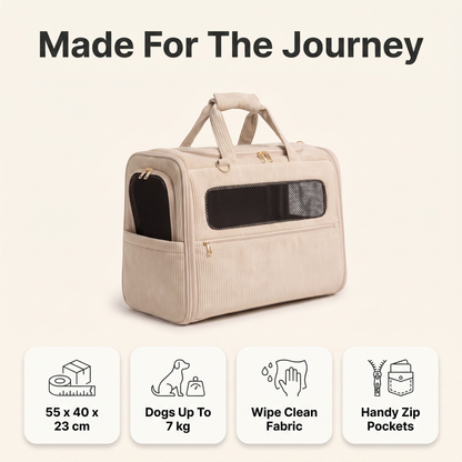Dog carrier details: 55x40x23 cm size, for dogs up to 7 kg, wipe clean fabric, zip pockets
