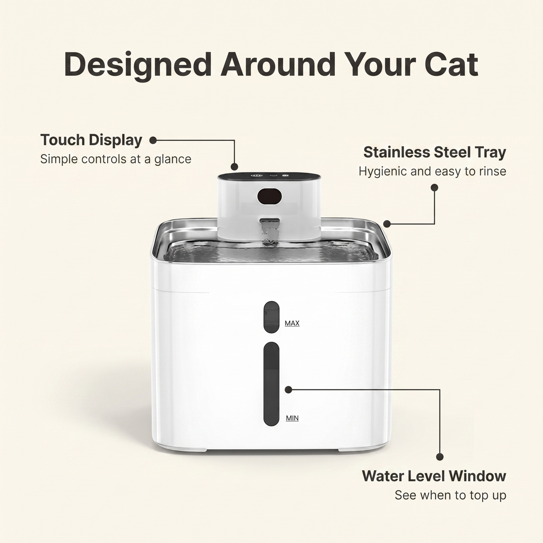 Annotated cordless cat water fountain with touch display, stainless steel tray and water level window
