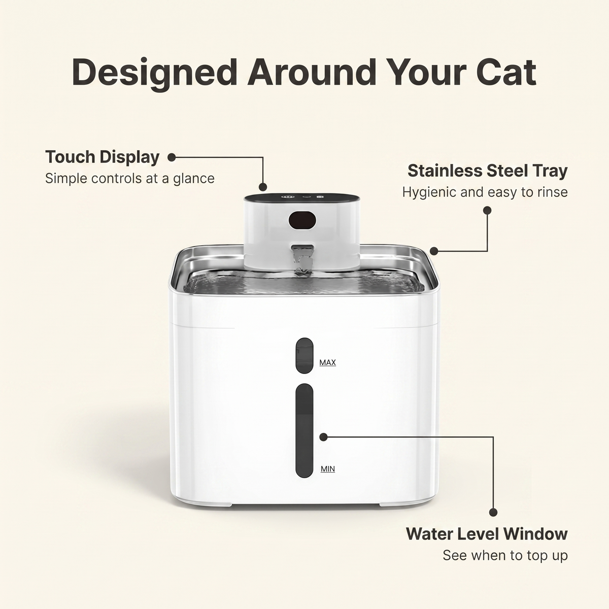 Annotated cordless cat water fountain with touch display, stainless steel tray and water level window