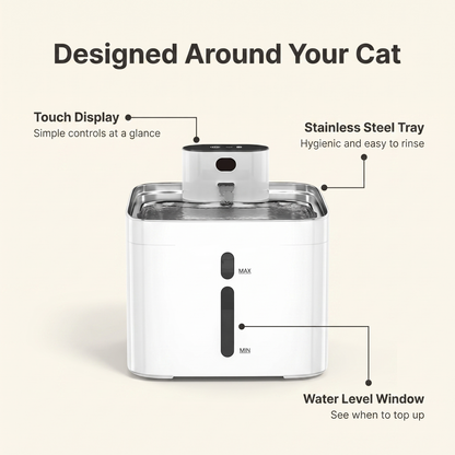 Annotated cordless cat water fountain with touch display, stainless steel tray and water level window