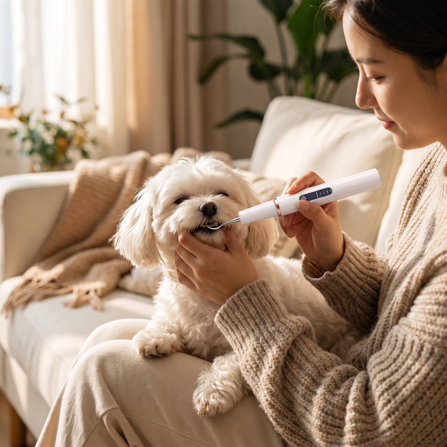 Owner cleaning a small white dog's teeth with the ultrasonic dental pen at home
