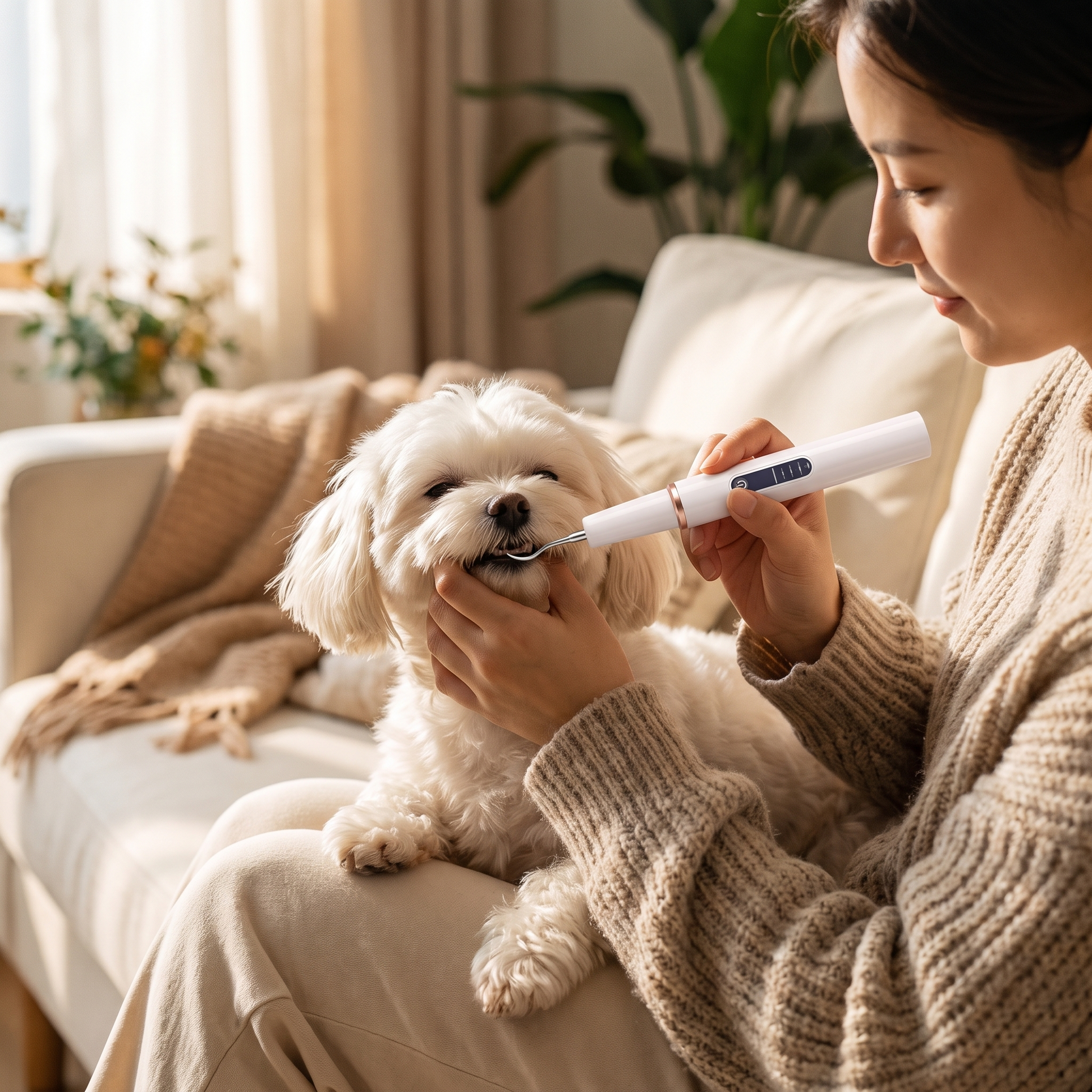 Owner cleaning a small white dog's teeth with the ultrasonic dental pen at home