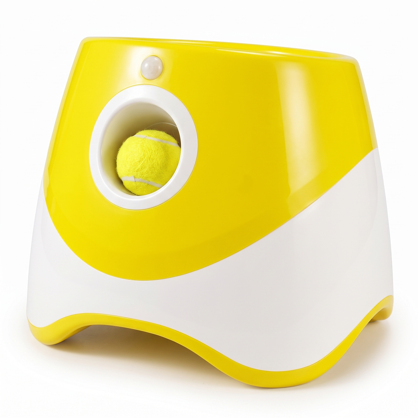 Automatic dog ball launcher in yellow with a mini tennis ball, studio packshot