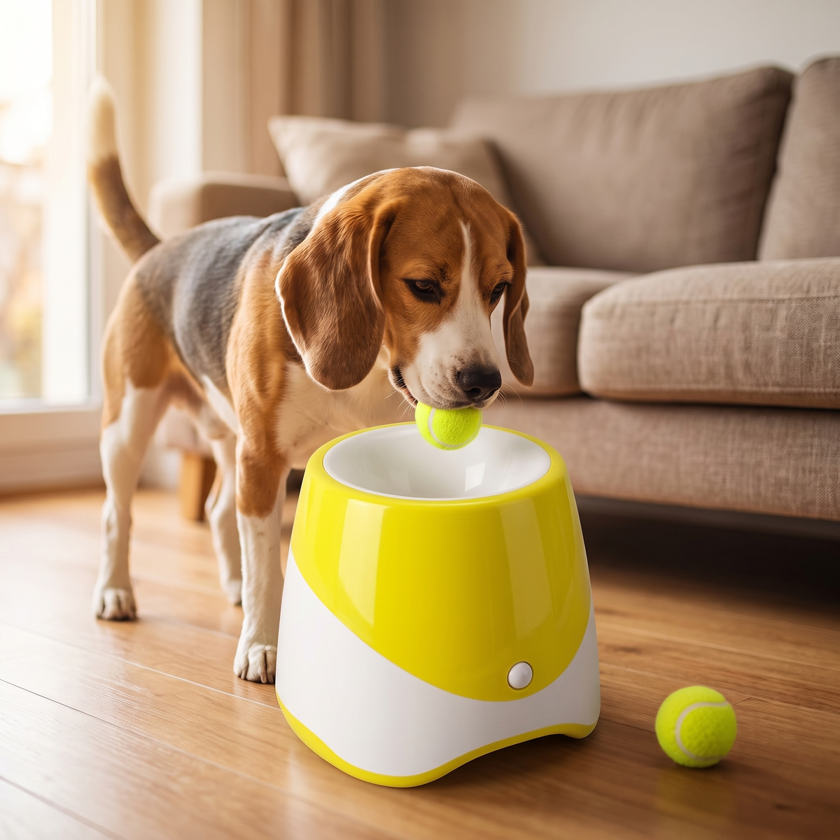 Beagle reloading the automatic dog ball launcher by dropping a mini tennis ball into the top funnel