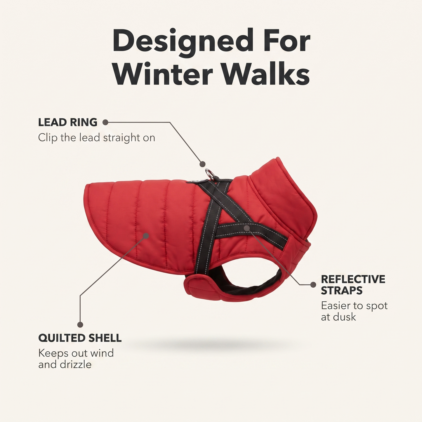 Annotated diagram of the padded dog coat showing lead ring, reflective straps and quilted shell