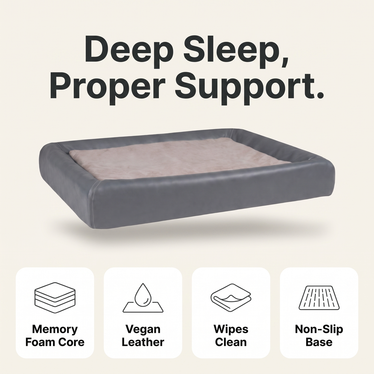 Orthopedic dog bed features: memory foam core, vegan leather, wipes clean, non-slip base