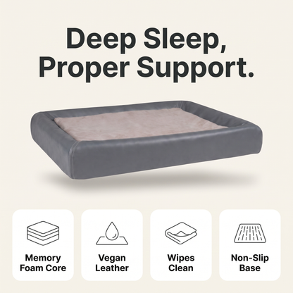 Orthopedic dog bed features: memory foam core, vegan leather, wipes clean, non-slip base