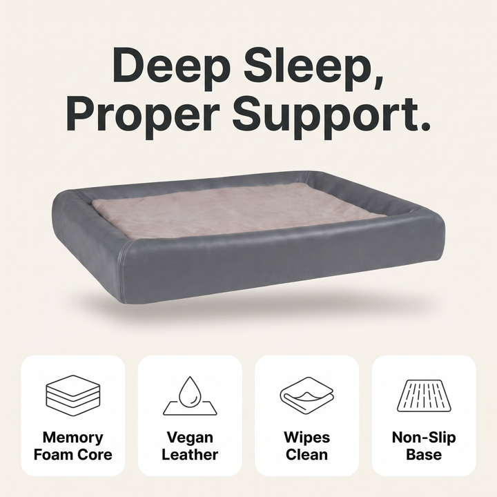 Orthopedic dog bed features: memory foam core, vegan leather, wipes clean, non-slip base