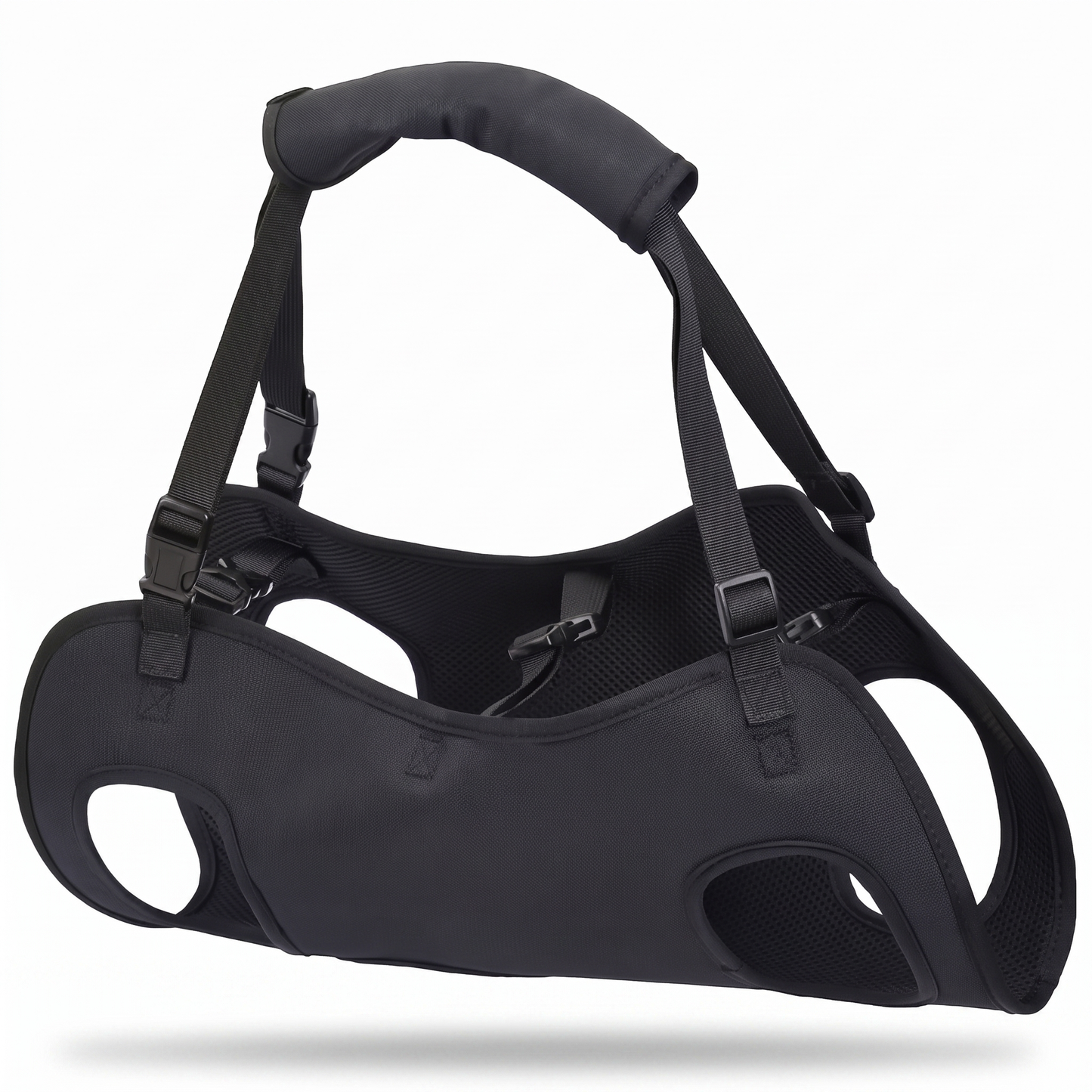Black full body support sling dog harness with padded carry handle on white background