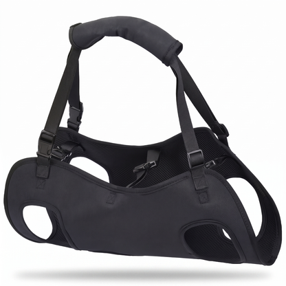 Black full body support sling dog harness with padded carry handle on white background