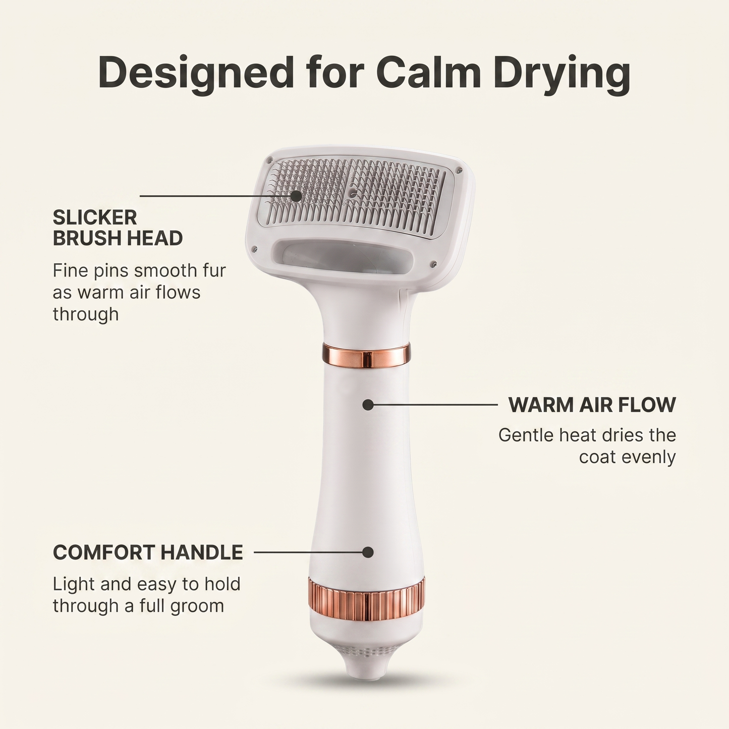 Annotated dog dryer brush showing slicker brush head, warm air flow and comfort handle