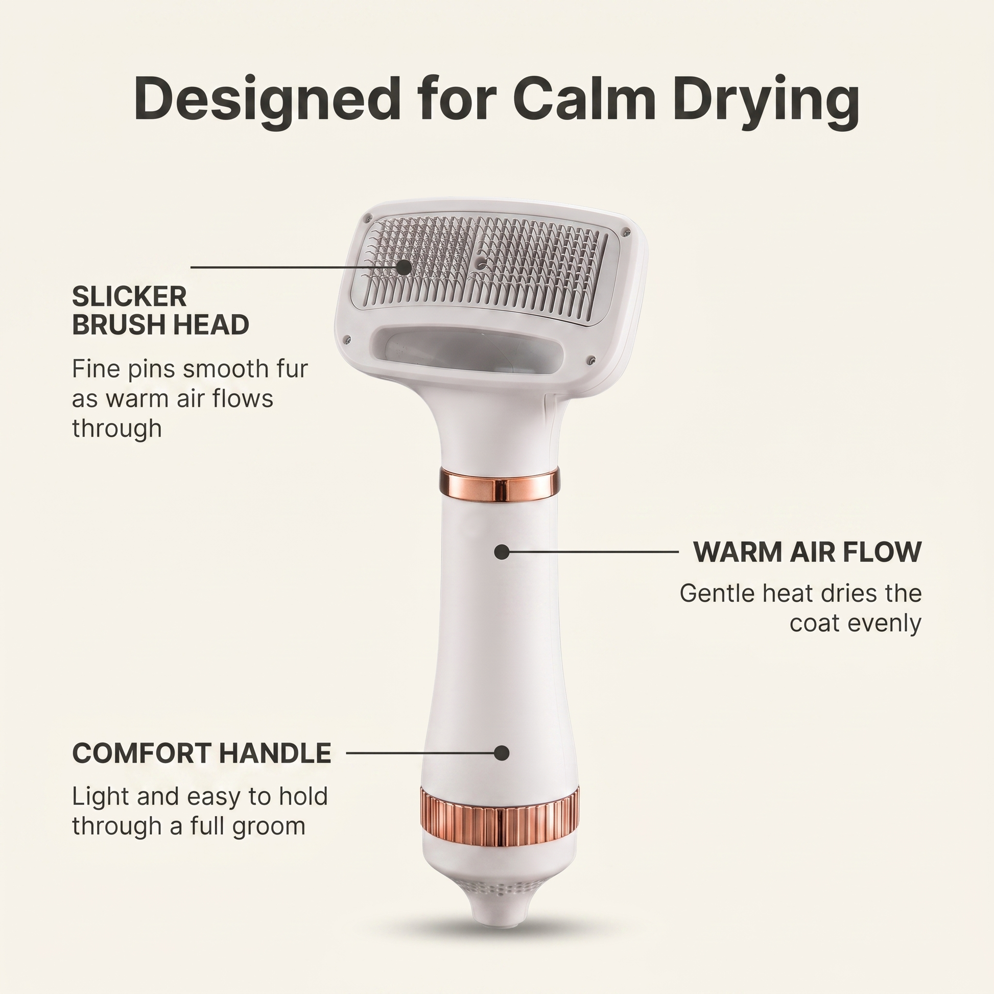 Annotated dog dryer brush showing slicker brush head, warm air flow and comfort handle