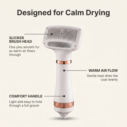 Annotated dog dryer brush showing slicker brush head, warm air flow and comfort handle