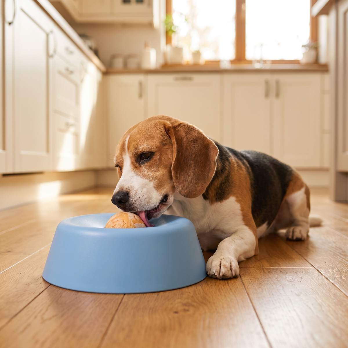 Beagle enjoying the blue slow feeder bowl with rolling enrichment ball on a kitchen floor