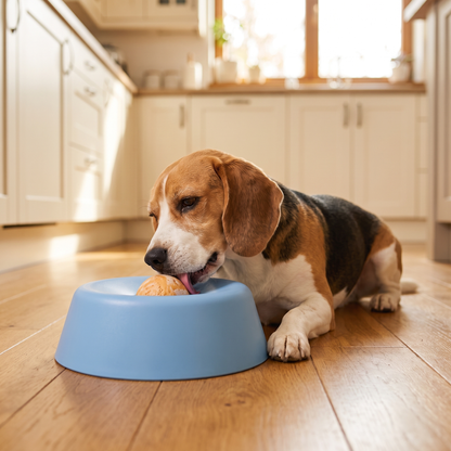 Beagle enjoying the blue slow feeder bowl with rolling enrichment ball on a kitchen floor