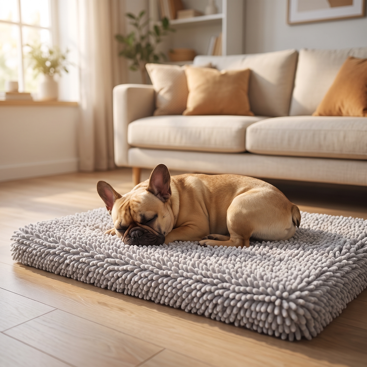 French Bulldog asleep on the grey noodle chenille dog mat in a cosy living room